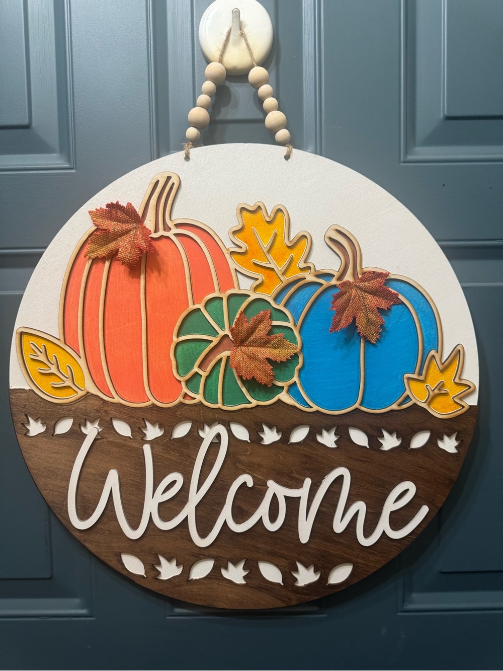18” Welcome Wooden Fall Pumpkin Wall Sign - Orange, Blue, Green